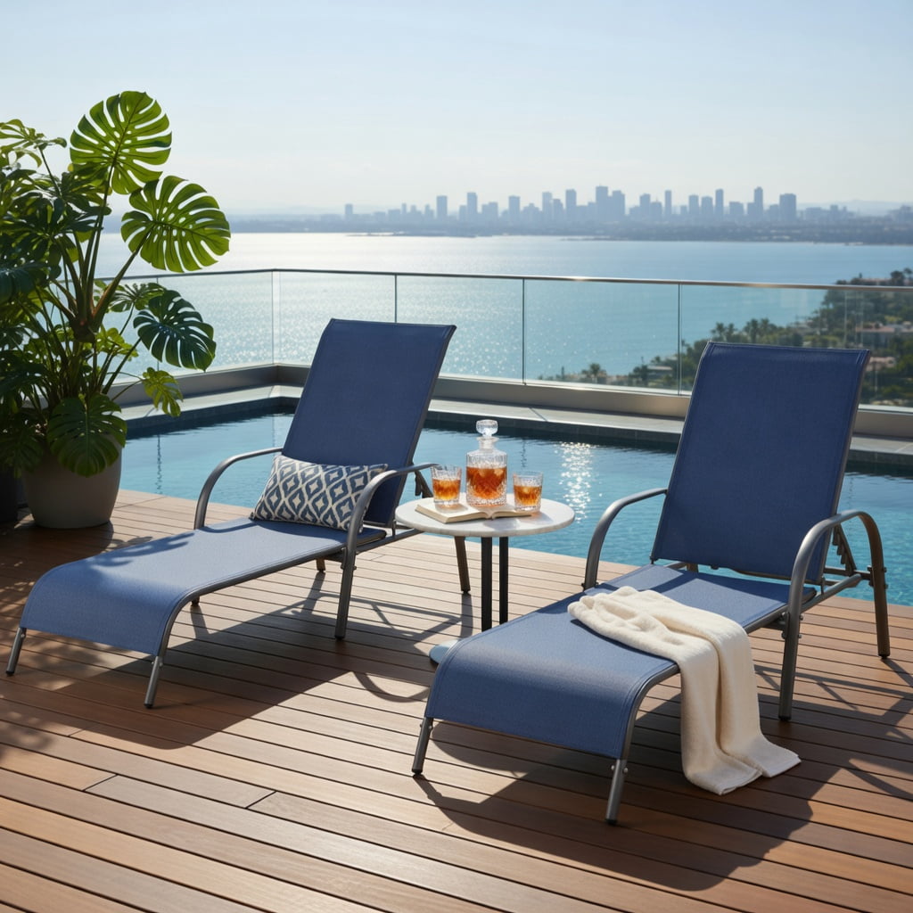 Hommoo 2-Pack Adjustable Outdoor Chaise Lounge Chairs, Fabric & Steel Patio Recliners with 5-Position Backrest, Poolside & Backyard Ready, Navy
