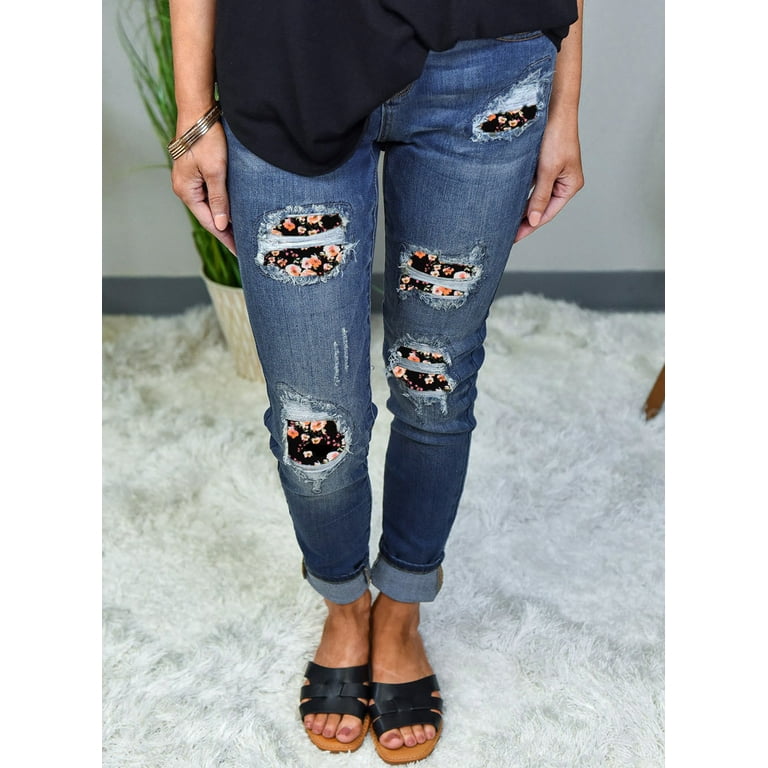 EVALESS Womens Patchwork Ripped Jeans Distressed Stretch Skinny Denim Pants