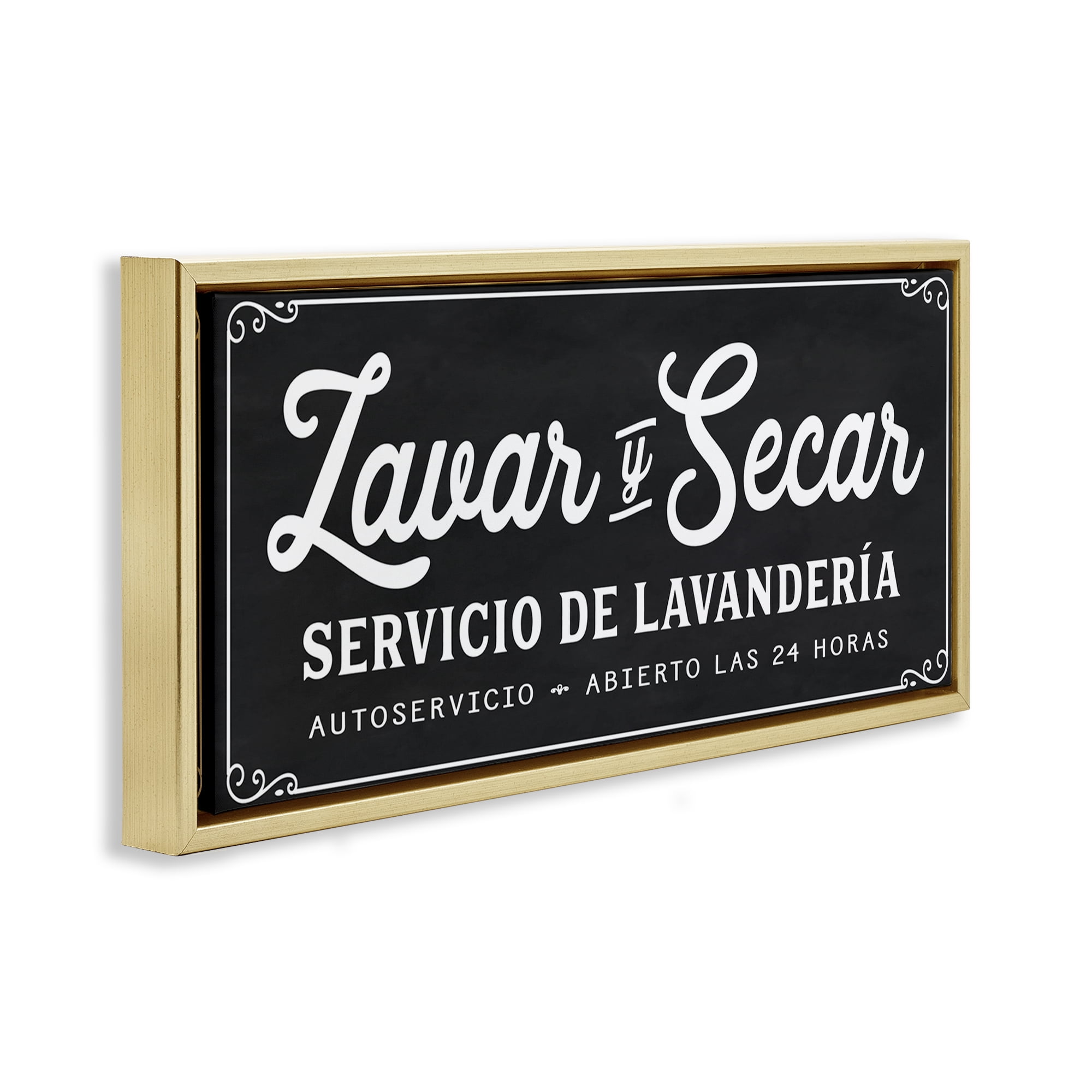 Stupell Industries Lavar y Secar Lavandería Bath & Laundry Painting Gold Floater Framed Art Print Wall Art, 25 x 11