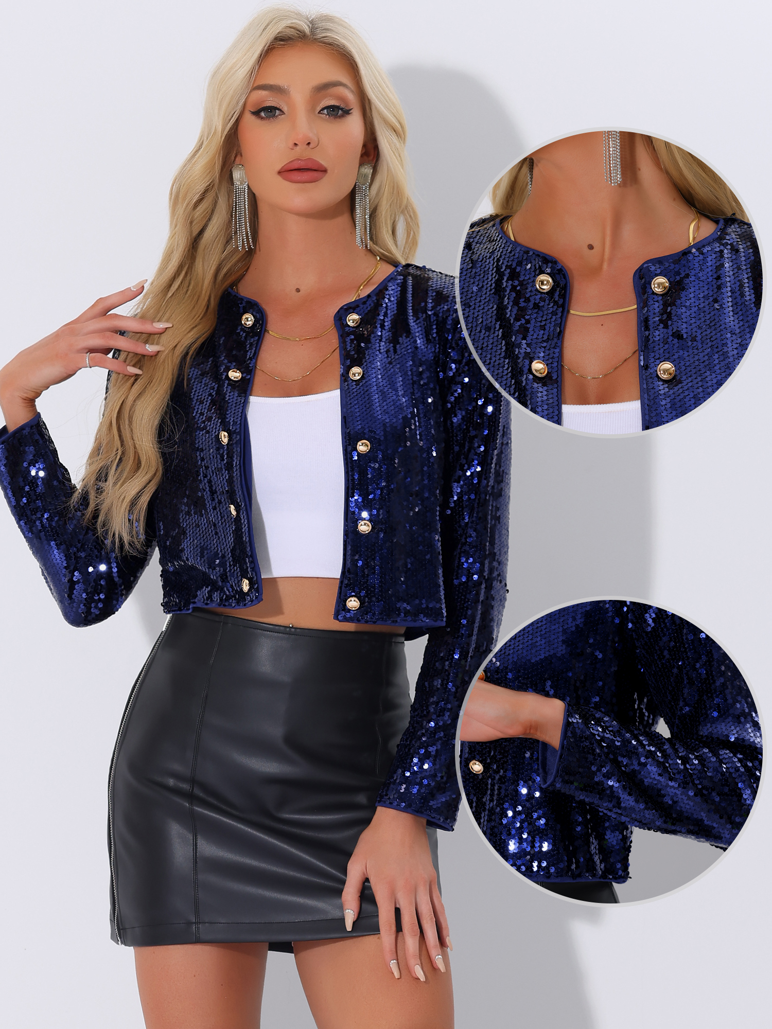 DARING DIVA Sequin Cardigan Long Sleeve Open Front Cropped Jackets S Dark Blue