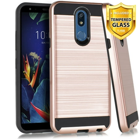 TJS Case Compatible for LG K40/LG K12 Plus/LG X4 2019, with [Full Coverage Tempered Glass Screen Protector] Dual Layer Brushed Finish Hard Inner Layer Armor Phone Cover (Rose
