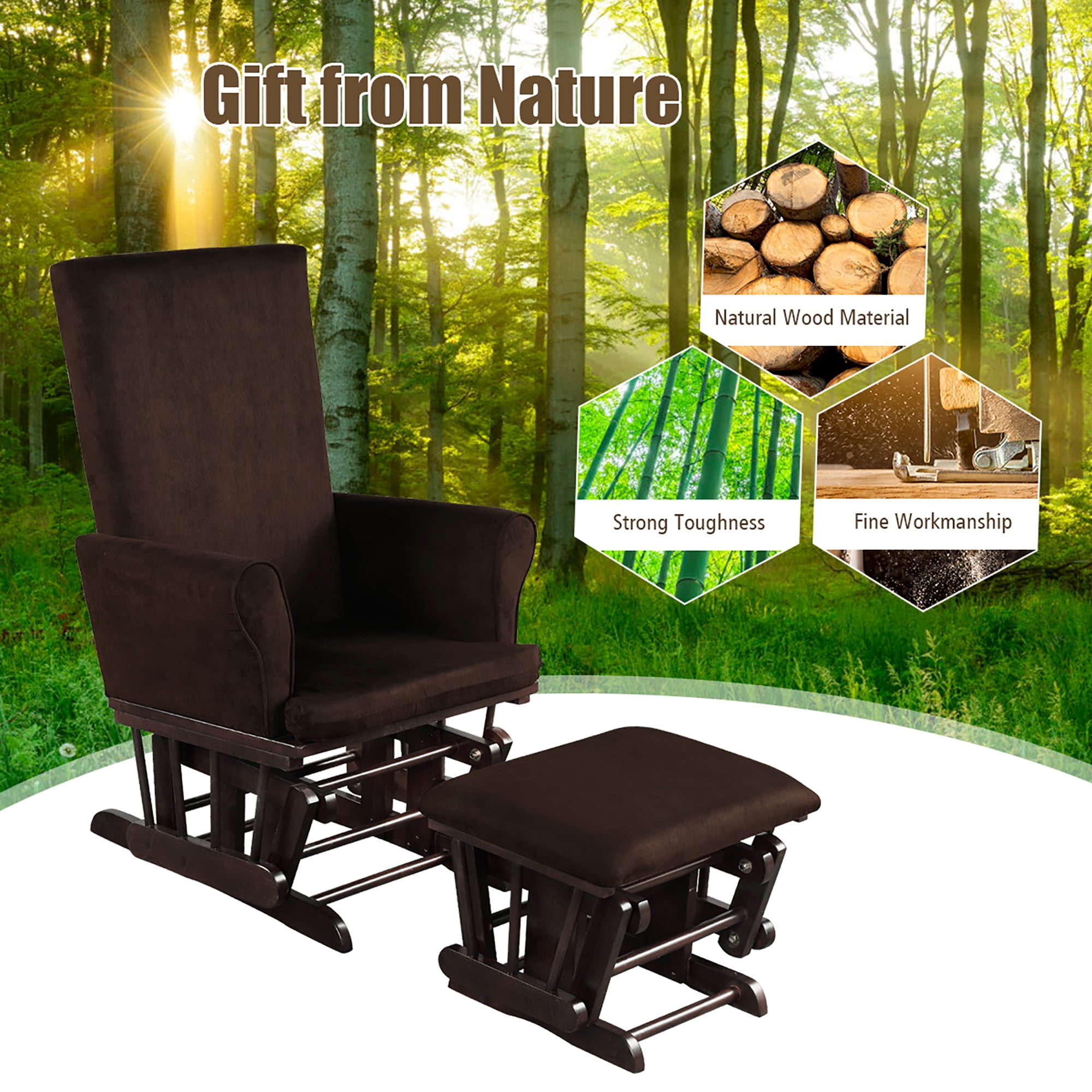 Costway Baby Nursery Relax Rocker Rocking Chair Glider & Ottoman Set w/Cushion Brown