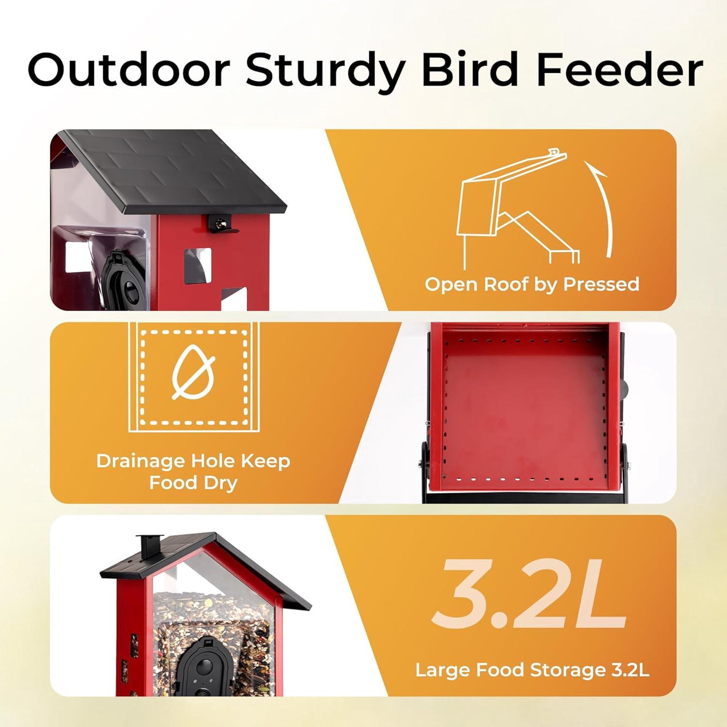 TT Nature Smart Bird Feeder with Camera, Solar Powered Squirrel Proof Outdoor Bird Watching, AI Species Identification, 3.2L, Red