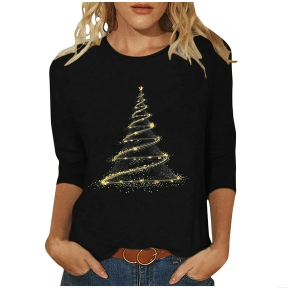 bnaln Christmas T Shirts for Women Merry Christmas Shirts Trendy Crewneck 3/4 Sleeve Tops Casual Xmas Tree Graphic Pullover Funny Xmas Party Tees Fall Jumper Winter Holiday Blouse