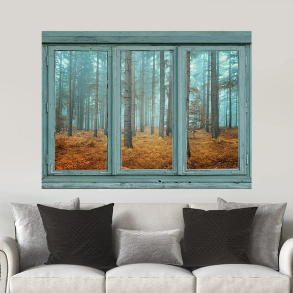 wall26 - Vintage Teal Window Looking Out Into a Blue Foggy Forest During Fall Time - Wall Mural, Removable Sticker, Home Decor - 36x48 inches