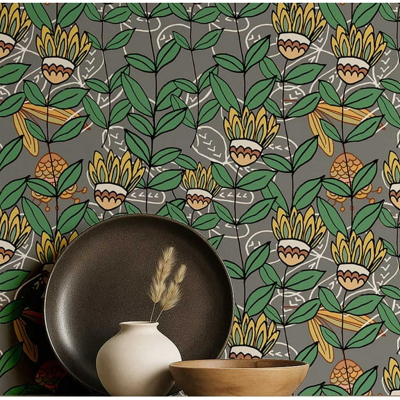 S4Sassy Self-Stick Decorative Boho Wallpaper, Retro Botanical Floral Wall Paper, Vinyl Waterproof Contact Paper, Gray, 25"X 120" Removable Renter Friendly Walls Covering For Bedroom, Dining Room