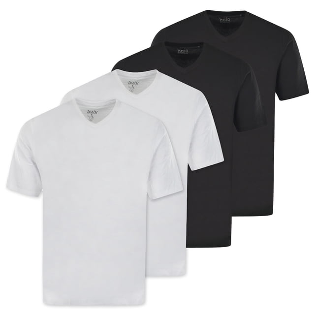 hajo Camiseta de hombre, pack de 4 - Básica, manga corta, cuello en V, algodón, uni Negro / Blanco L (Large)