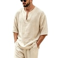 thumbnail image 5 of Mens Beach Shirts Linen 3/4 Sleeve Notch V-Neck Lightweight Breathable Summer Hawaiian Tops Fathers Gift, 5 of 6
