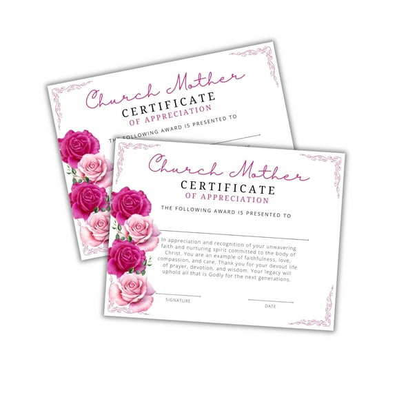 Church Mother Certificate of Recognition 30pk 8.5x11 Mothers Day Faith Based Appreciation Member Womens Ministry Award Gift Pink Roses