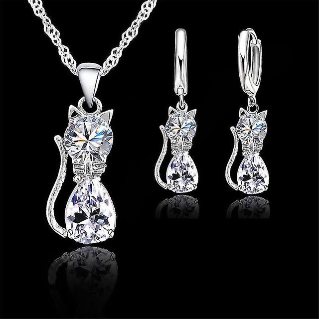 Conjuntos de joyería de plata de ley 925 auténtica para mujer y niña, collar con colgante de gato bonito de cristal austriaco brillante en 7 colores, pendiente Huggie Feliz Sencillez