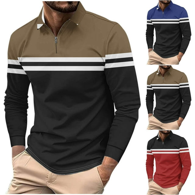 Leodye Polos à Quart de Fermeture Éclair pour Hommes Chandails à Manches Longues Hauts Texture Rayée Décontracté Golf T Rouge TG(TG)