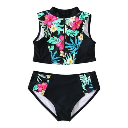 Toimothcn Girl s Bathing Suit Sleeveless Casual Patchwork Floral Printed 2 Piece Bikini Set Quickly Dry Cover Up Swimwear 4-5 Years