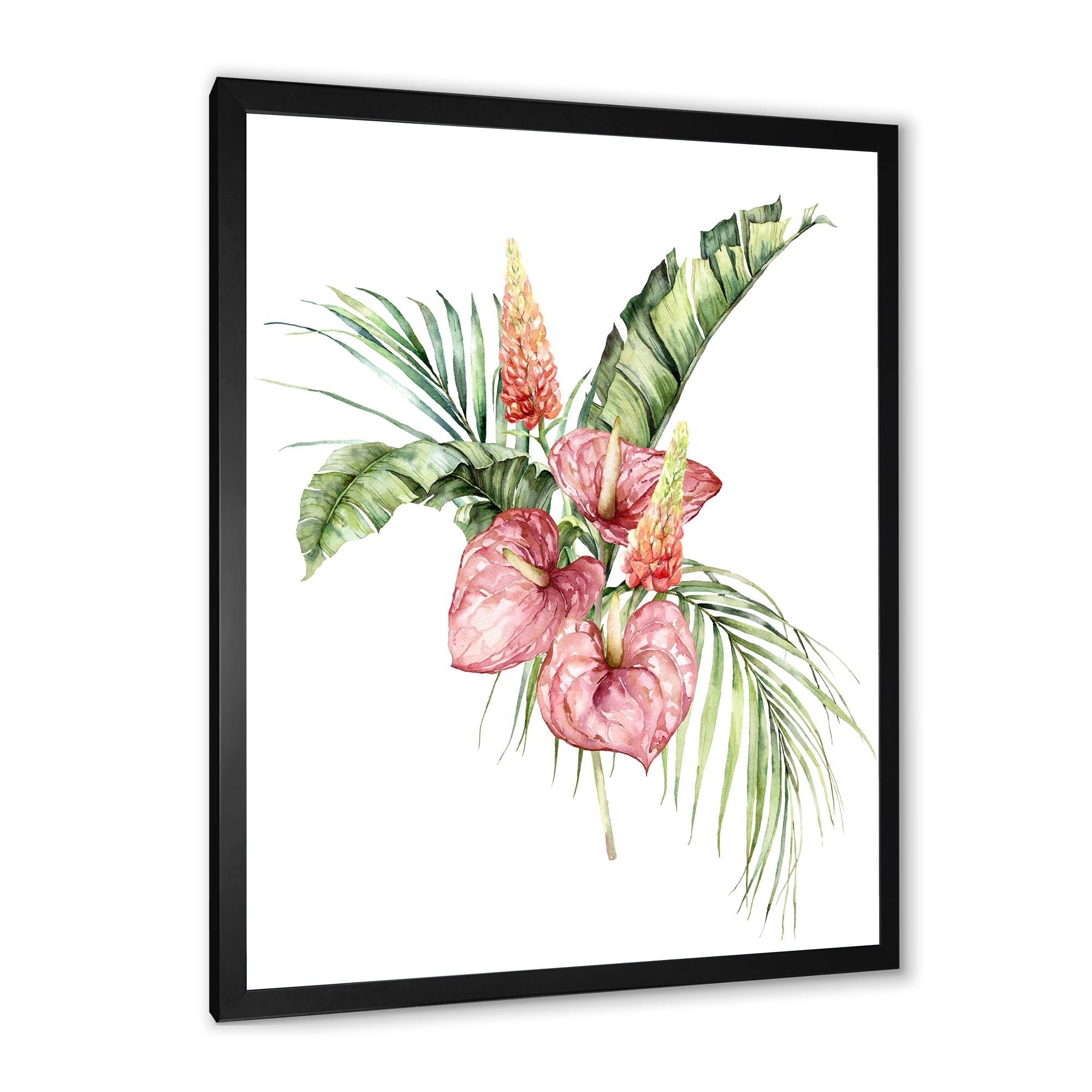 Designart 'Tropical Bouquet With Anthurium Lupine and Leaves On White II' Traditional Framed Art Print