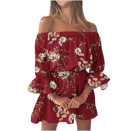 

Long Sleeve Dress for Women White Dress Women Stylish Women s Summer Sexy Casual Off Shoulder Bell Sleeve Solid and Printed Dresses Maternity Dress Homecoming Dresses on Clearance Red S