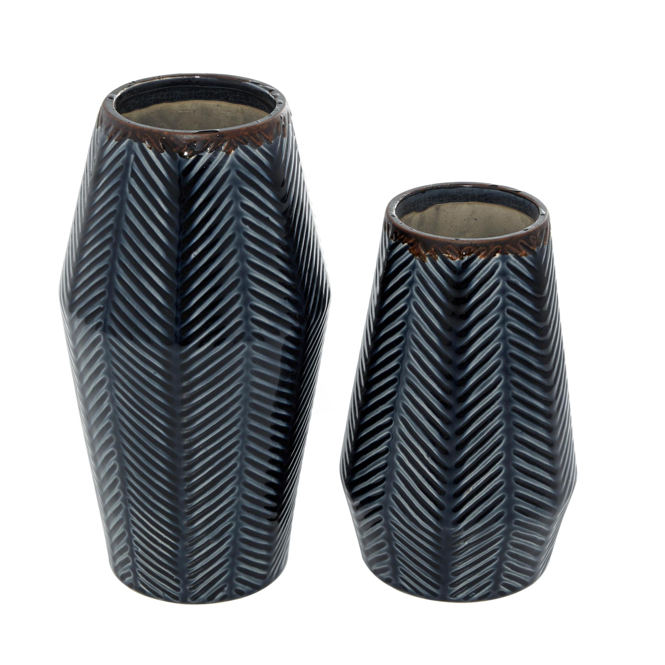 DecMode 11", 8"H Handmade Chevron Dark Blue Ceramic Vase, Set of 2