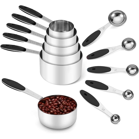 JOYHILL Stainless Steel Measuring Cups and Spoons Set of 10 Piece, Nesting Metal Measuring Cups Set with Soft Touch Silicone Handles for Home Kitchen Cooking & Baking, Black