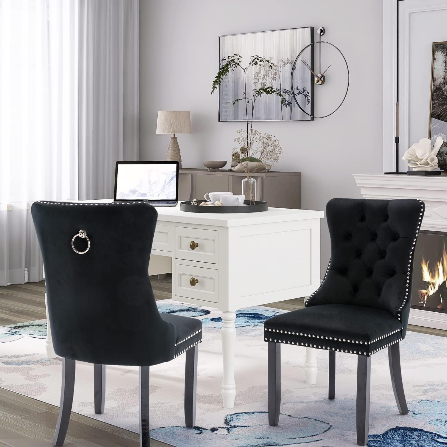 JESTOP Velvet Dining Chairs Set of 8, Tall Back Side Chair, Modern Upholstered High-end Tufted Side Chair with Button Back Ring, Solid Wood Legs (Black)