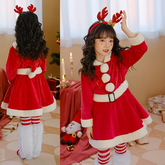 Santa Claus Kids Girl Dress Christmas Dresses for Girls Long Sleeve Hooded Santa Dress Santa Outfit Party Outfit 8-9 Years