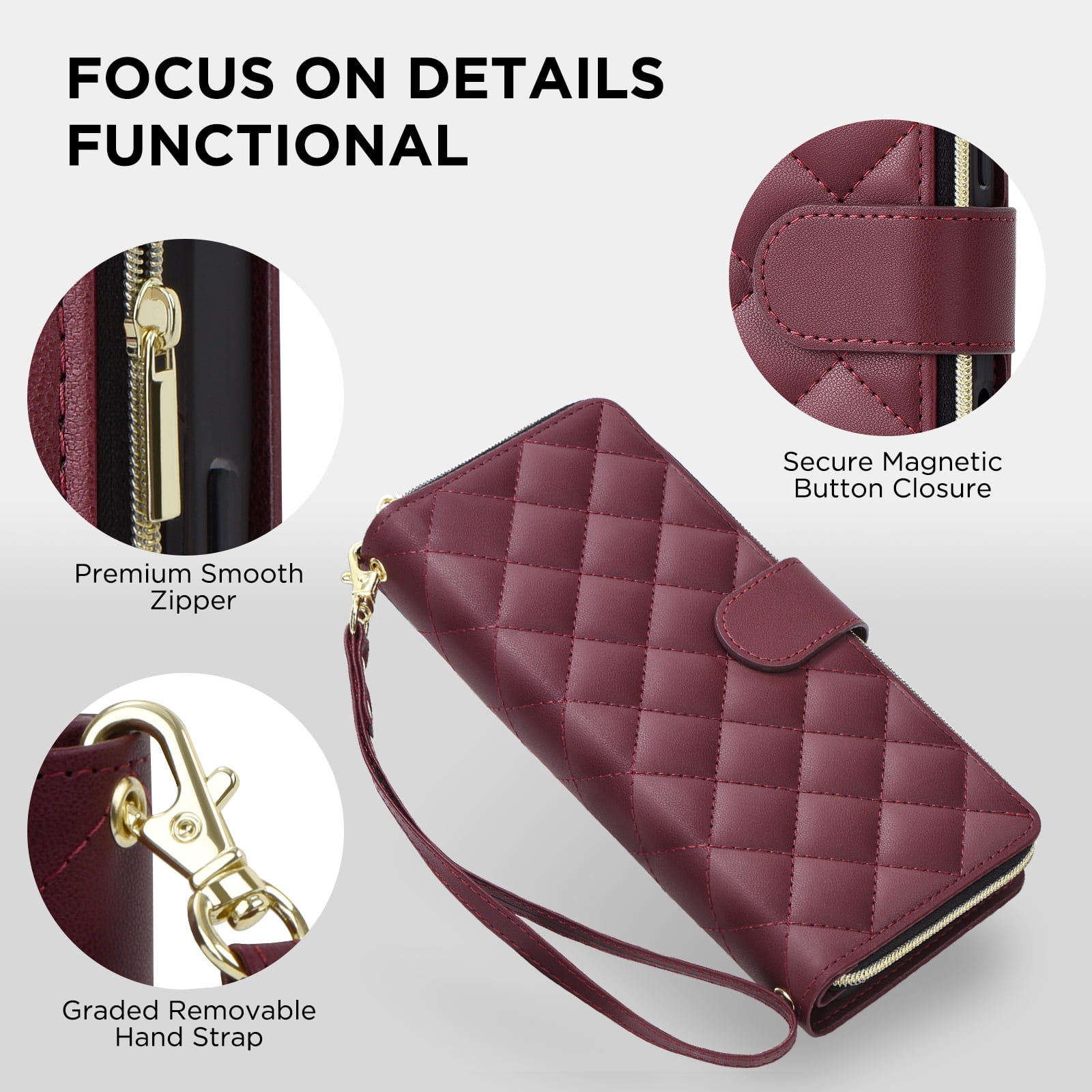 for iPhone 13 Pro Wallet Case, Multi-Functional Zipper Purse Case, with Flip Stand Card Holder PU Leather Phone Cover with Lanyard & Wrist Strap for iPhone 13 Pro, Winered