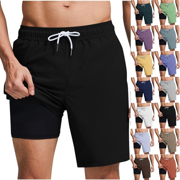 Men’s Swim Trunks with Compression Liner Quick Dry Beach Swim Shorts Elastic Waist Drawstring Lightweight 2 in 1 Board Shorts for Swimming Surfing Vacation