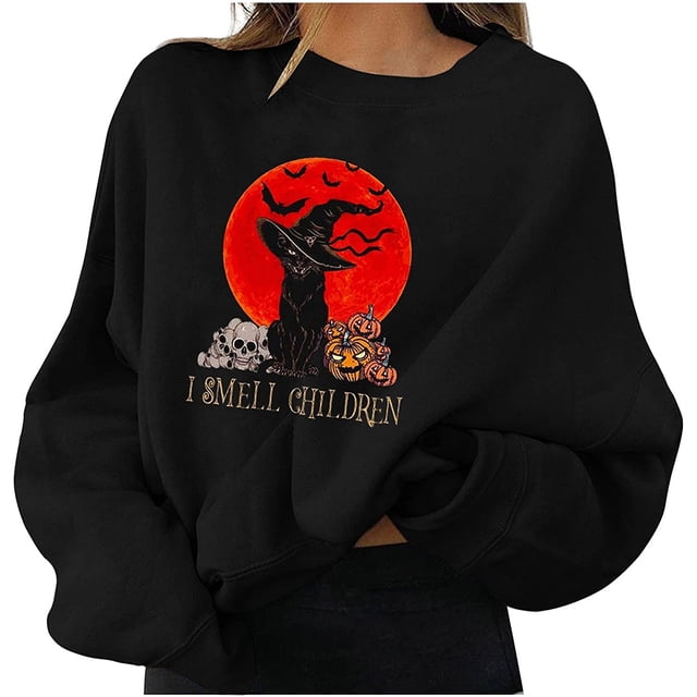 Chandails en Molleton d'Halloween pour Femmes Imprimé Squelette de Citrouille Surdimensionné Automne Chaud Doux Manches Longues Col Rond Pull Tops