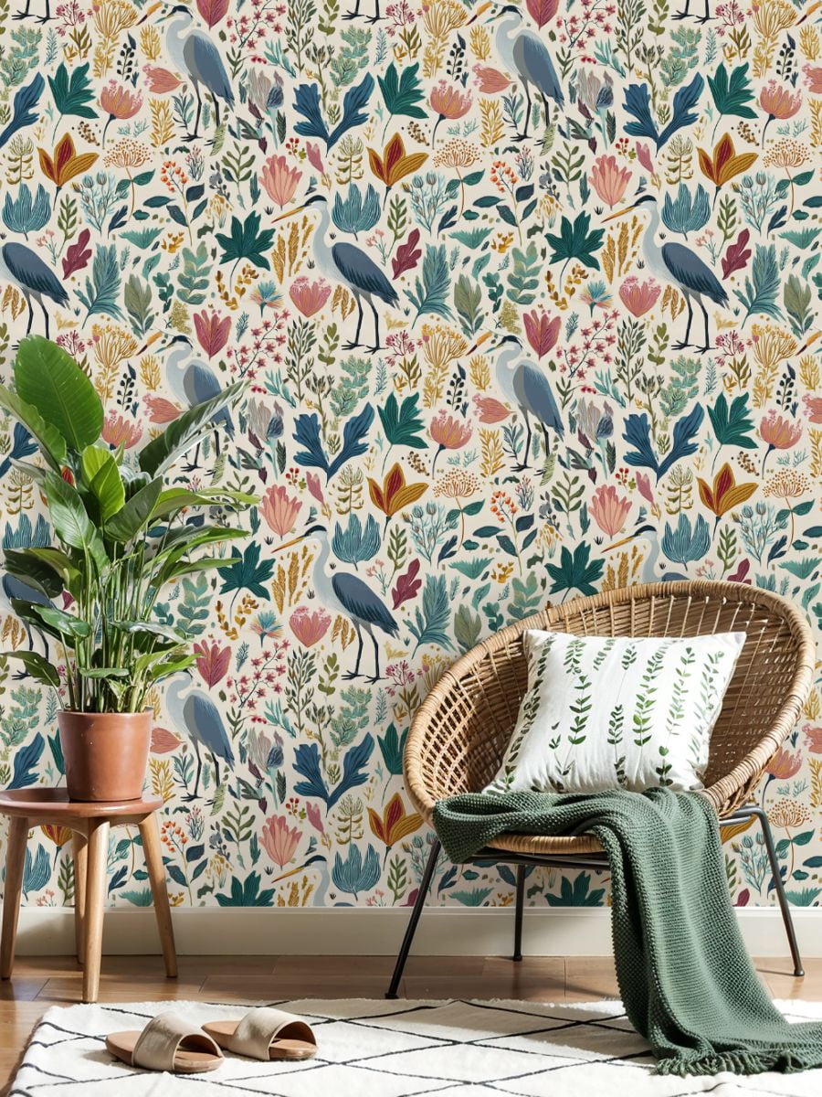 Vintage Peel and Stick Wallpaper Floral Botanical Herons Vibrant Foliage Wall Mural 17.7in x 9.8ft Self Adhesive Removable Wall Paper Renter Friendly Wallpaper for Nursery Bedroom Cabinets