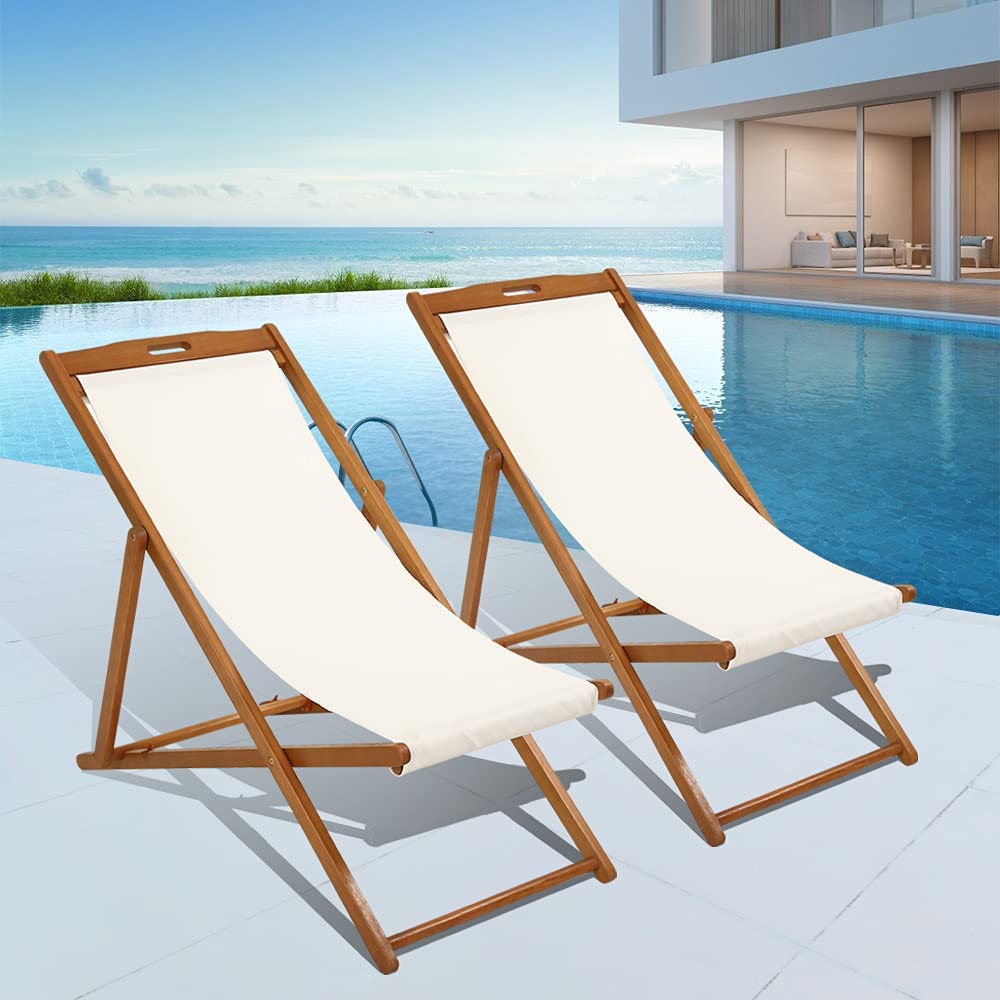 Adjustable Beach Sling Chair Set of 2 Folding Patio Lounge Chairs for Outside Solid Eucalyptus Wood Frame with White Polyester, Weight Capacity 352lbs - image 1 of 7