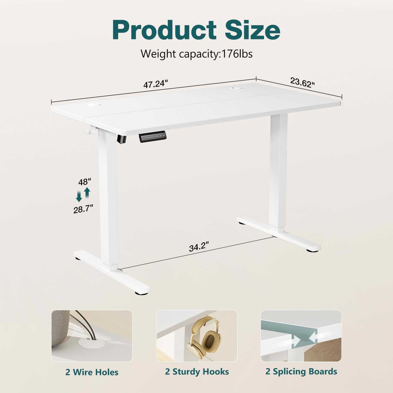 MAYEERTY 48x24 Ergonomic Height Adjustable Desk, T-Shaped Metal Bracket, Computer Workstation, White