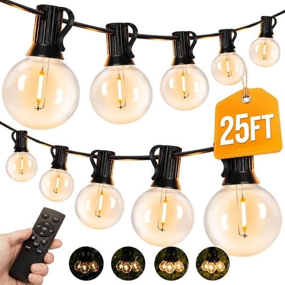 25FT IP65 Waterproof LED Outdoor String Lights With Remote Control & Timmer, - ETL Listed, Shatterproof G40 Bulbs