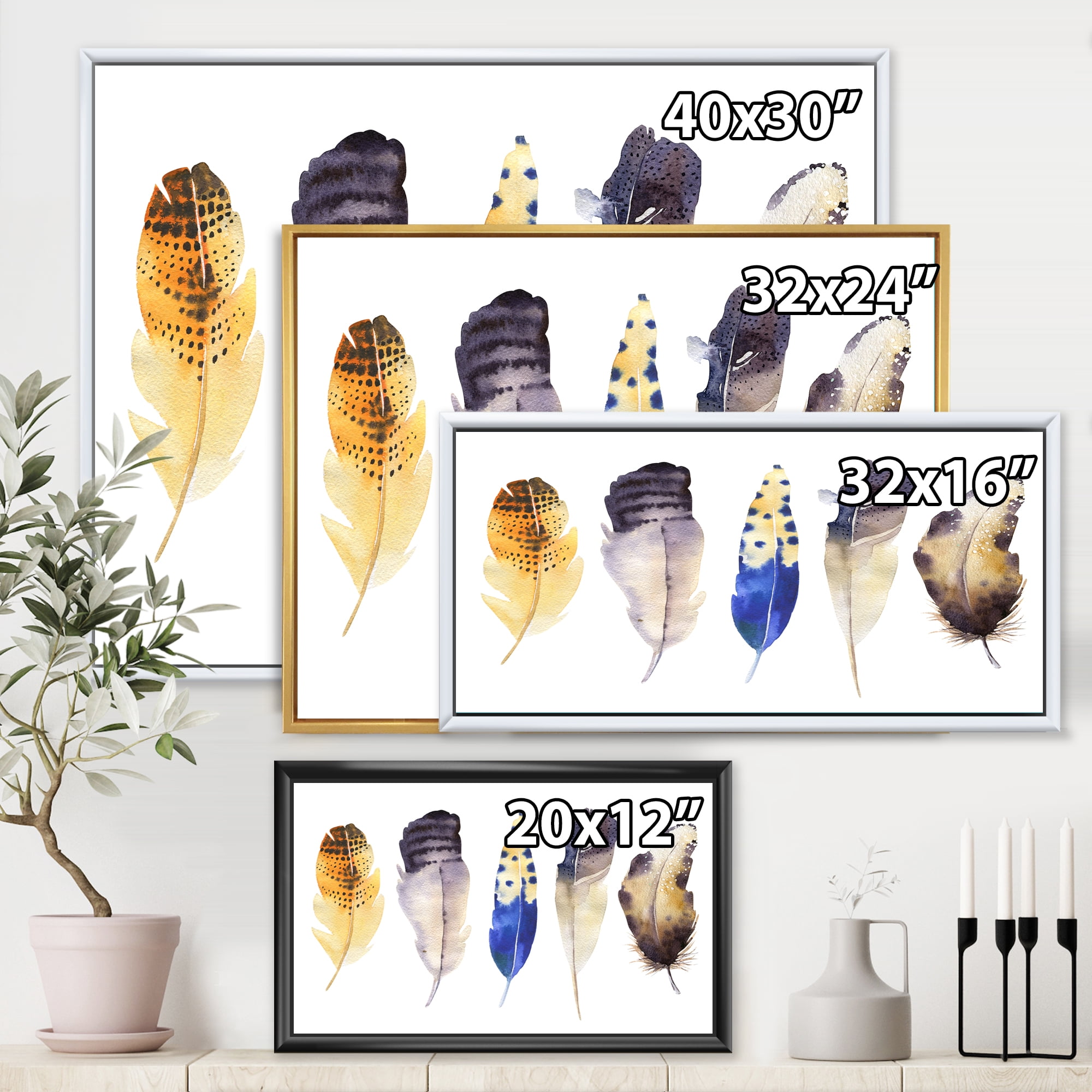 Designart 'Colourful Boho Art Feather Set I' Bohemian & Eclectic Framed Canvas Wall Art Print