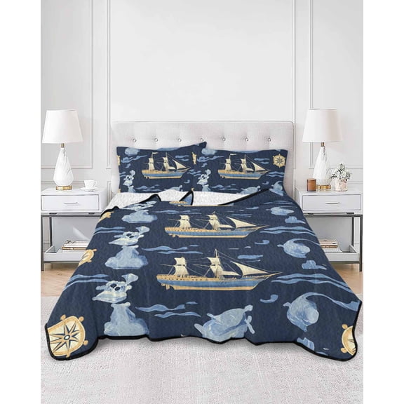 Quilts King Size, Navy Blue Coastal Soft Comforter Bedding Set for Bed, Nautical Modern Art Boat Compass Lightweight Quilted Bedspread with Pillow Cover(2 Pieces) for All Season, 96x106 Inch