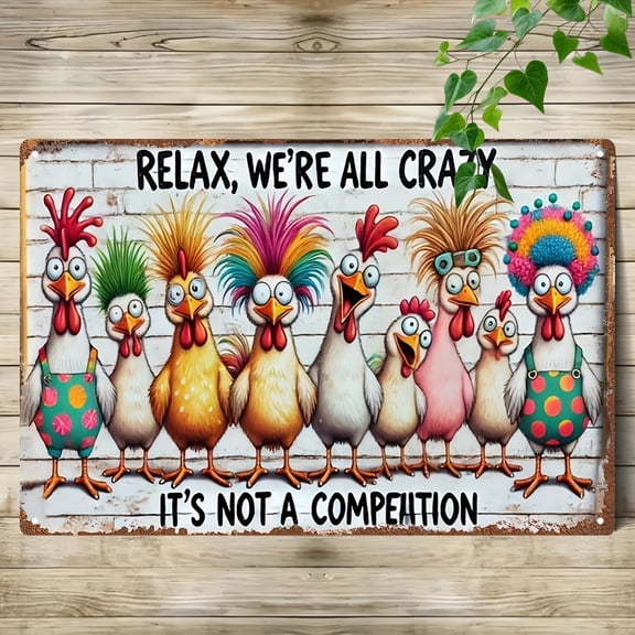 HELLOYOUNG 8x12 Inch Funny Chicken Metal Wall Decor, Farmhouse Sign with Relax Quote, 2D Colorful Wall Art for Living Room Kitchen