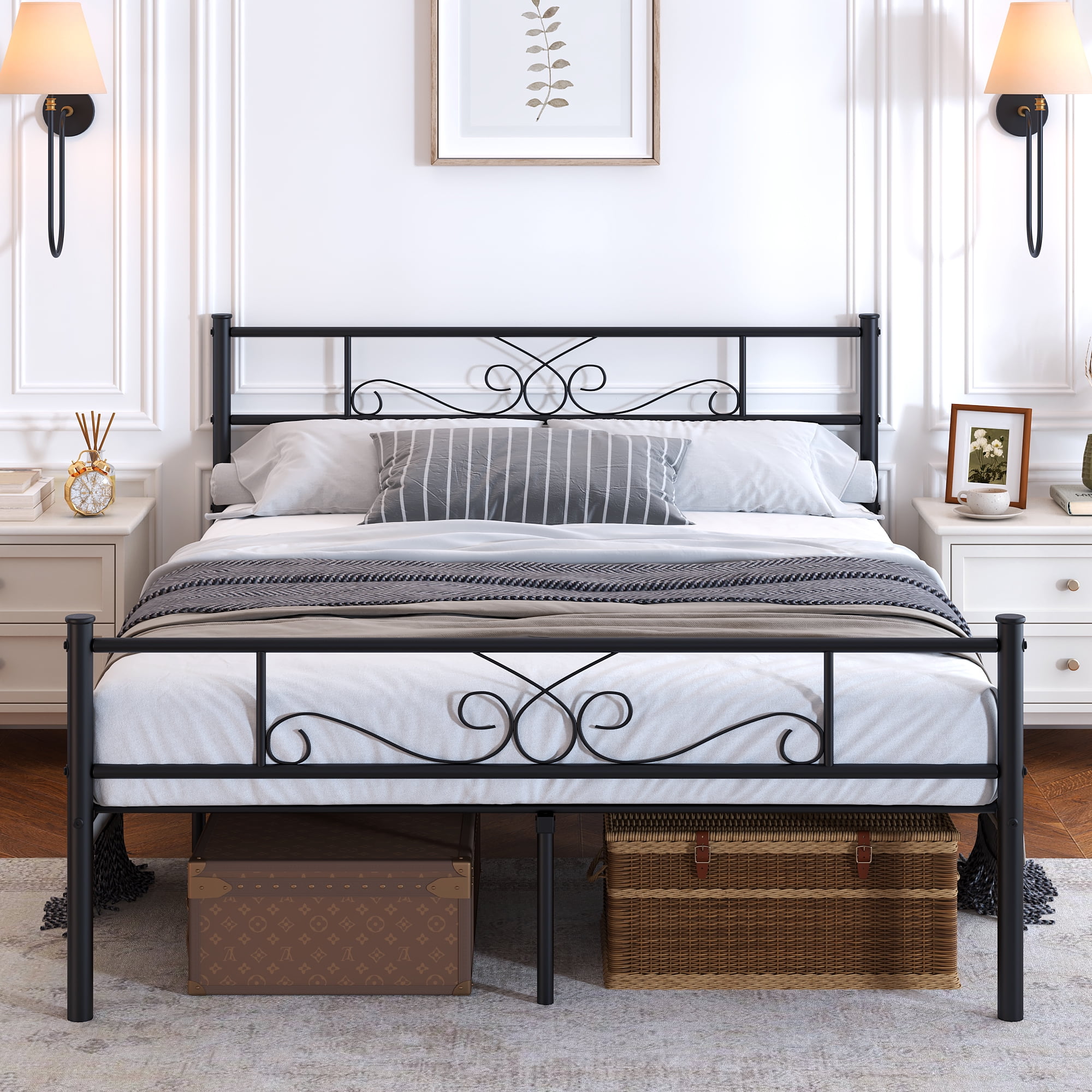 Yoneston Heavy Duty Metal Queen Size Platform Bed Frame with Vintage Headboard & Footboard for Adult Bedroom, Black
