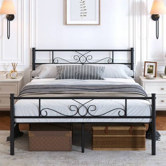 Yoneston Full Size Metal Bed Frame with Retro Headboard & Under-Bed Storage for Teens, Youths Bedroom Furniture, Black