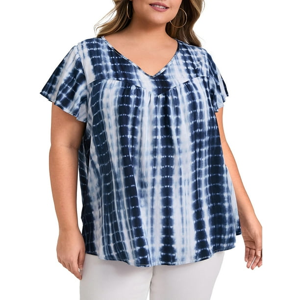 GRACE & GRANDEUR Blusas de Talla Grande para Mujeres con Mangas Cortas con Volantes, Camisetas Tie Dye, Blusas con Cuello en V y Pliegues 3X Azul Oscuro