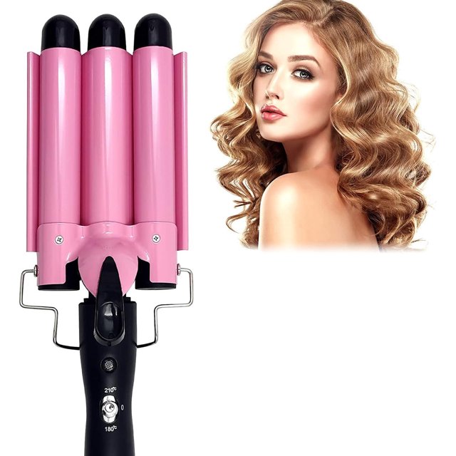 Rizador de pelo de 3 barriles, 25 mm, 1 pulgada, temperatura ajustable, rizador de pelo de cerámica y turmalina, rizador de calentamiento rápido (rosa)