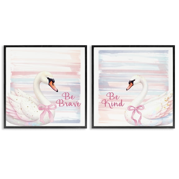Be Brave & Kind Pastel Swan 2 Piece Black Framed Giclee Art Set, design by Kim Allen