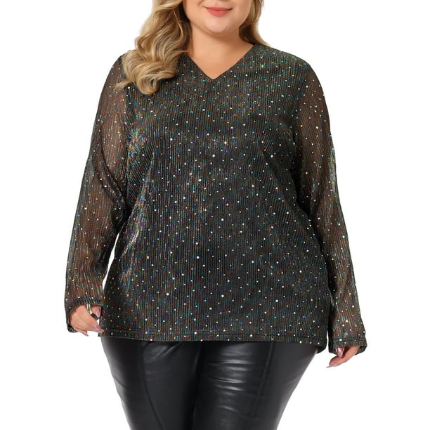 Blusa de manga larga transparente con brillo de strass para mujer de tallas grandes Agnes Orinda 3X negra