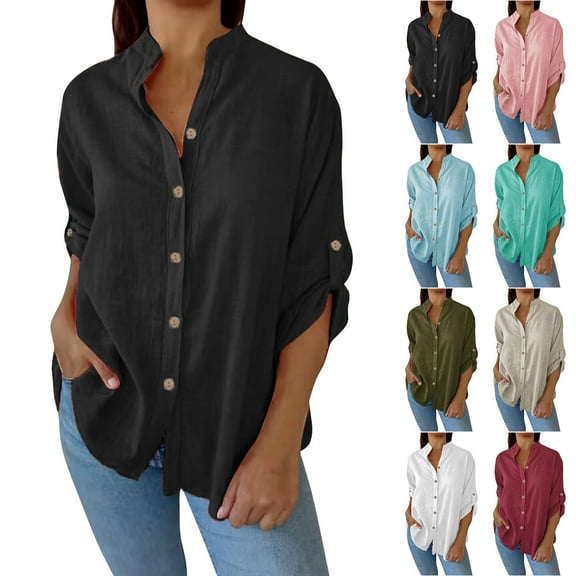 Ahuyic Womens Plus Size Top, Casual Long Sleeve Blouse For Autumns And Winter, Womens Fashion Solid Button Shirt Long Sleeve T-shirt Blouse Tops With Pocket