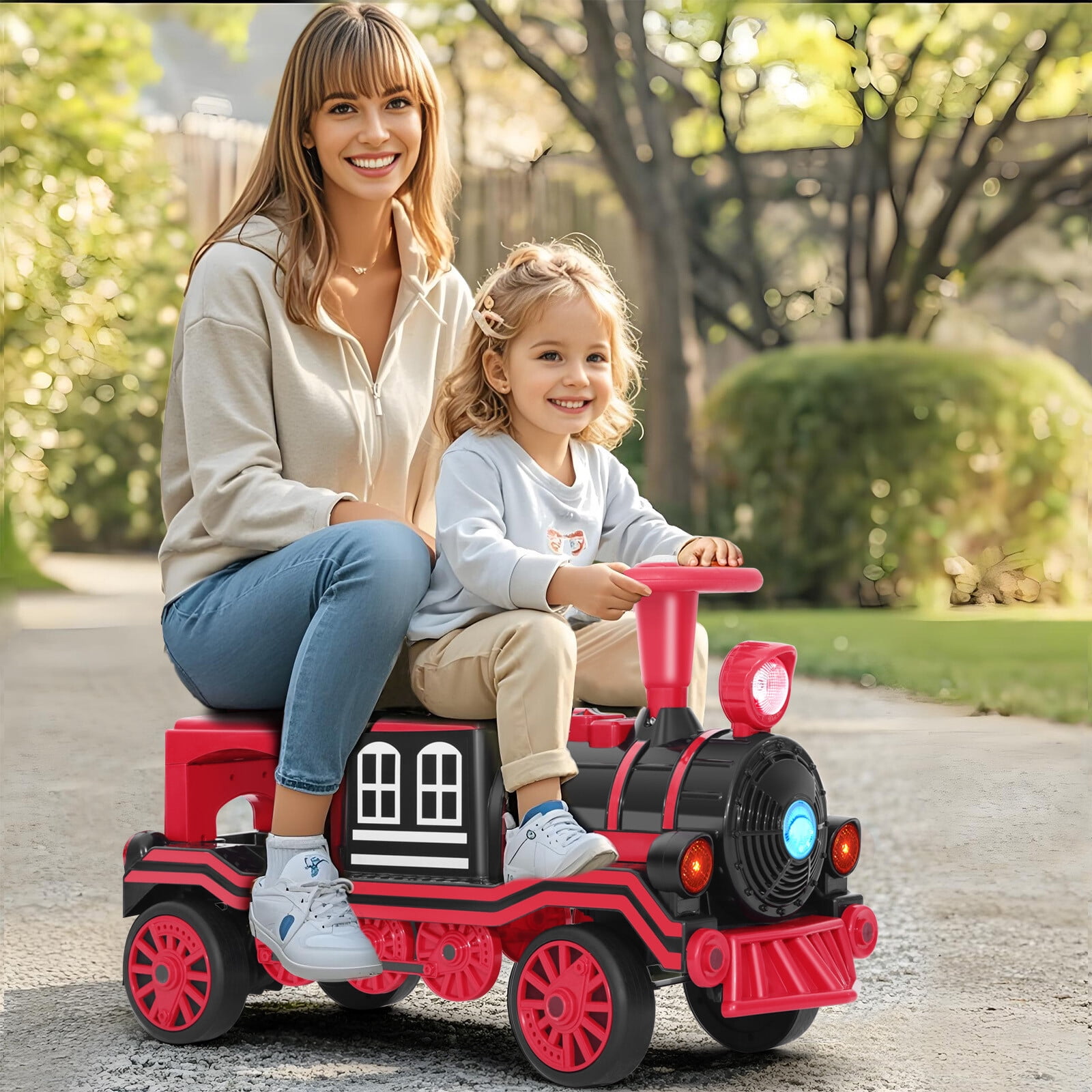 Red 2-Seater 12V Electric Kids Ride On Train Toy Car Boys Girls Gift w/2 Speed,Music,Lights,Honk,Storage,USB,Support to 110LBS