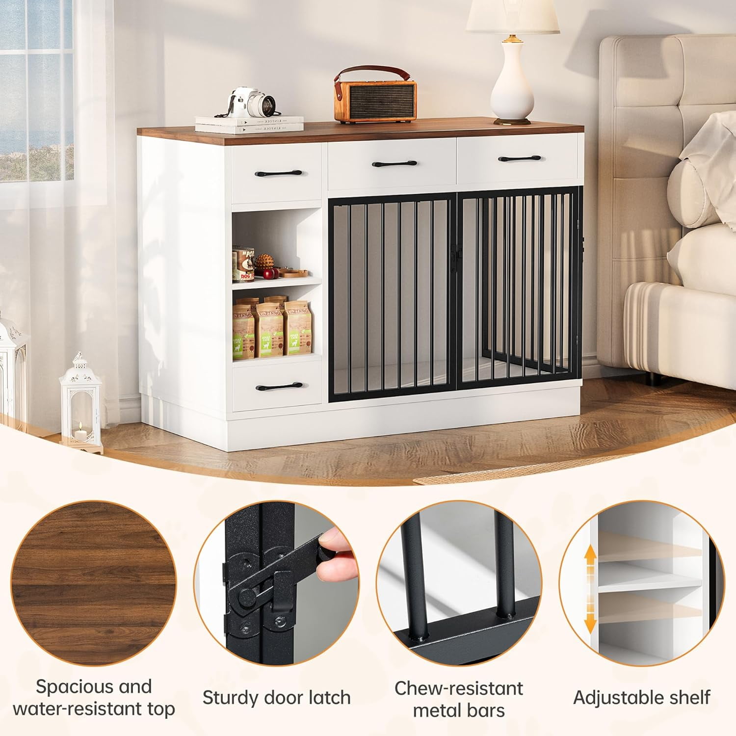 Selooye Large Dog Crate Furniture, Sturdy 2-Door 47.2" Wooden Furniture Style Crate for Dogs with 3 Storage Drawers and Hidden Feeding Bowl