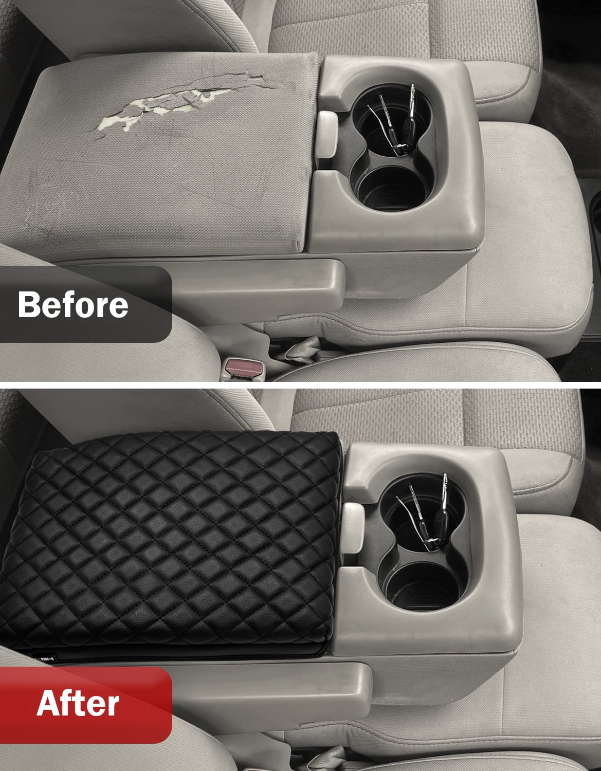 KBH Ford Armrest Cover for 2004-2010 F150 with 40/20/40 Split Bench Jump Seat, Black Leather Middle Console Cover Cushion Pad for F150 Accessories Interior