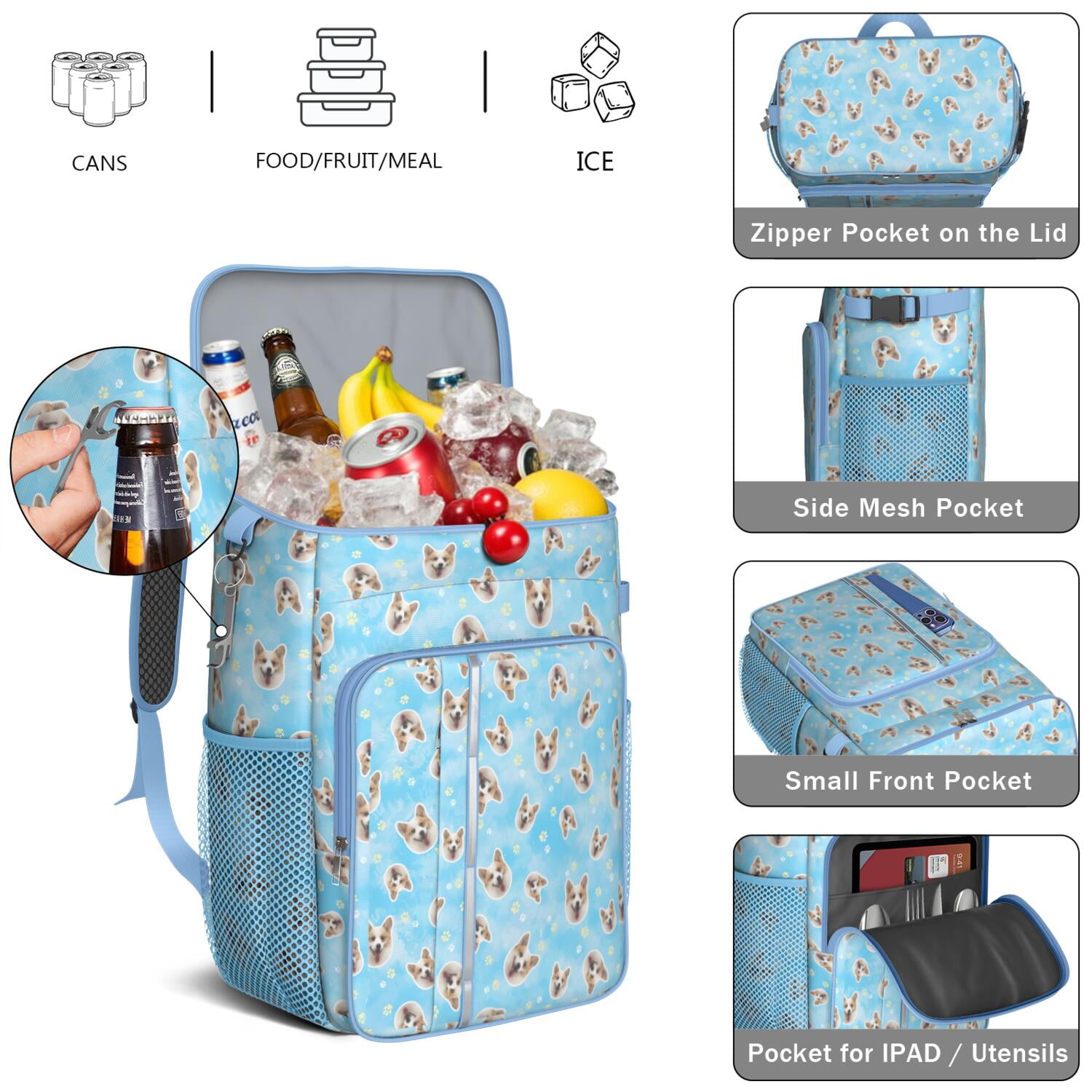 Travel Cooler Bag - Corgi Footprint Camping Beer Cooler Backpack with Bottle Opener- Waterproof Insulated Picnic Backpacks - Cooler Bag for Beach