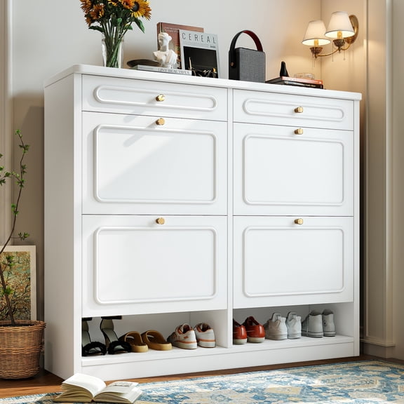 Wooden Shoe Cabinet with 4 Flip Drawers, 2 Storage Drawers, Farmhouse Entryway Shoe Rack, Narrow Hallway Organizer, Classified Storage, White