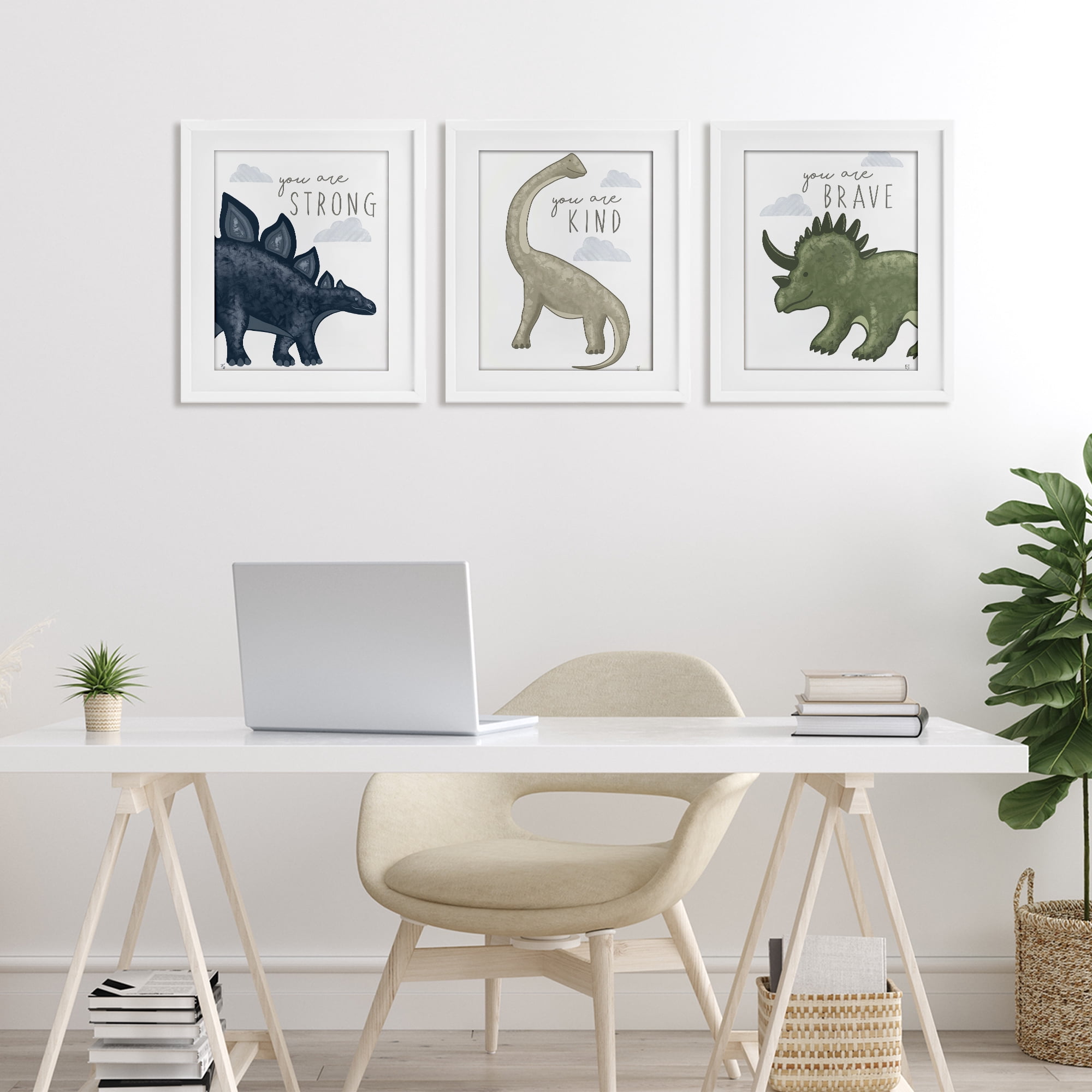 Stupell Industries Hopeful Encouraging Dinosaurs 3 Piece White Framed Print Under Glass Set, design by Elizabeth Tyndall