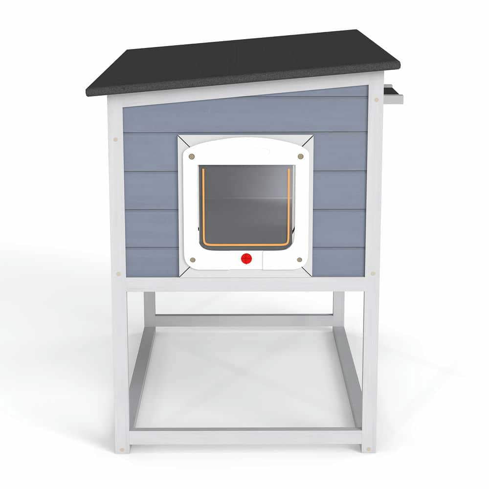 Yardi Yarda Weatherproof Outdoor Cat House with Highly Elevated Bottom, Elevated Feral Cat Shelter with High Legs and Curtained Door, Escape Door, Openable Top, Gray