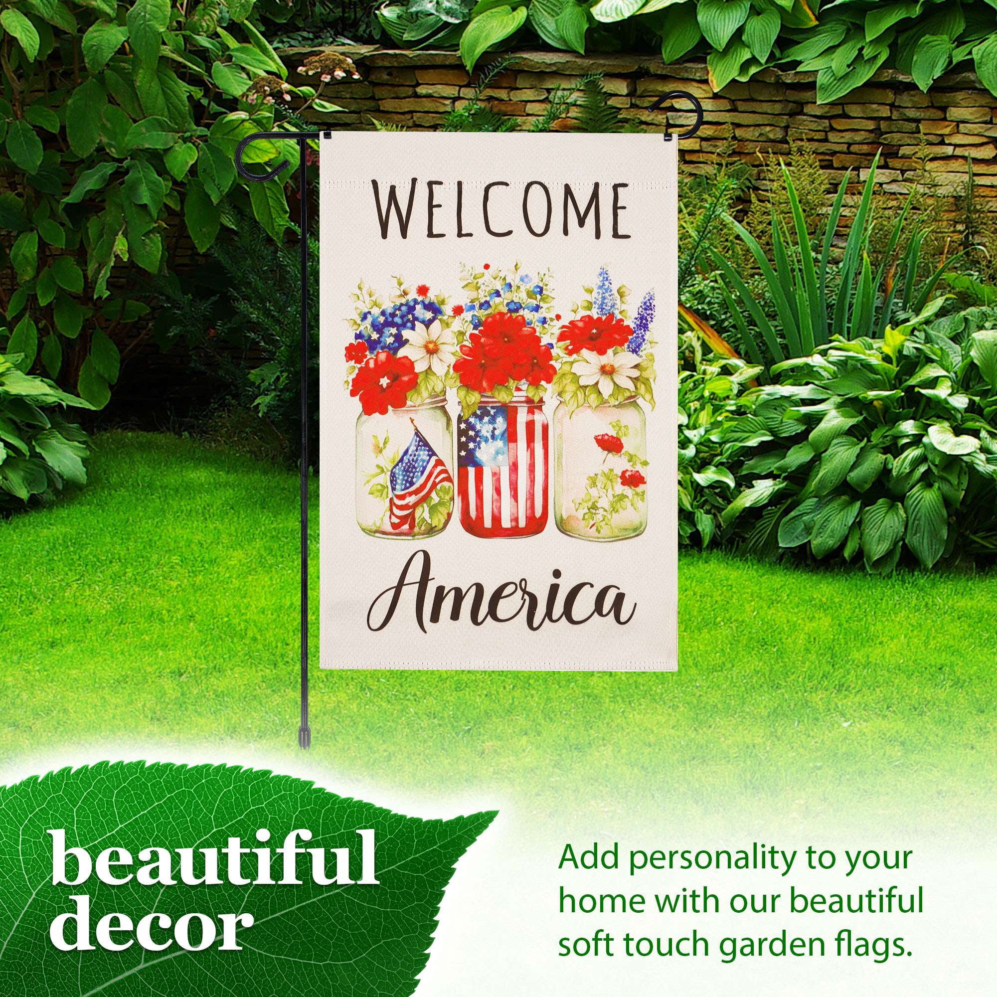 G128 Combo Pack Garden Flag Stand Black 36x16IN & Garden Flag Welcome America Mason Jars Printed 12x18IN Double Sided Yard Garden Lawn Decoration