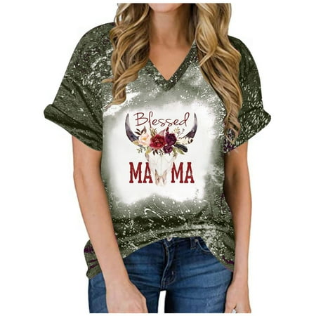 

kakina CMSX Striped Shirts for Women Plus Size Summer Sexy Gradient Print V-Neck Regular Monther s Day Printed Short Sleeves Top Casual Tops T-Shirt Army Green 2x