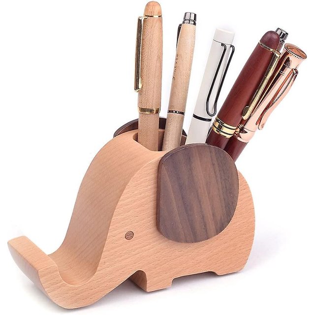 Soporte de lápiz de madera para taza de bolígrafo compatible con organizador de escritorio con soporte para teléfono móvil Afortunado Sencillez