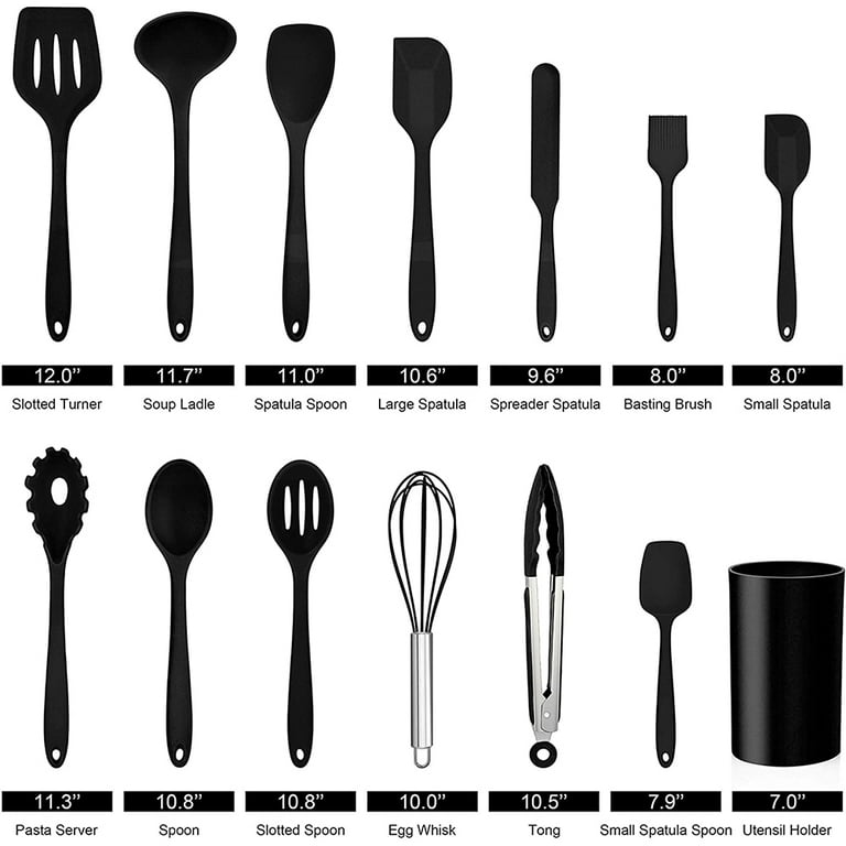 Walchoice 14 Pcs Cooking Utensils Set with Holder, Heat Resistant Silicone  Kitchen Cookware Utensils Set, Kitchen Cooking Tools Includes Spatula Spoon  Turner Whisk Tong, Dishwasher safe, Black 